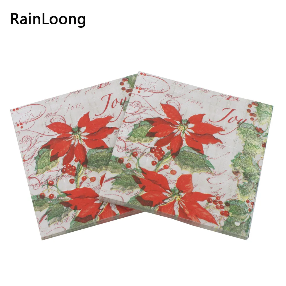 [RainLoong] 3Plys Beverage Napkin Merry Christmas Joy Flower Paper Napkin Serviette For Decorations 25*25cm