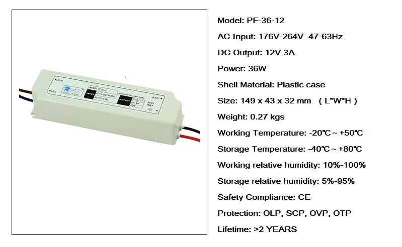 12V 3A 36W Waterproof Switching Power Supply Lighting Transformers Driver For LED Strip 3528 5050 IP67