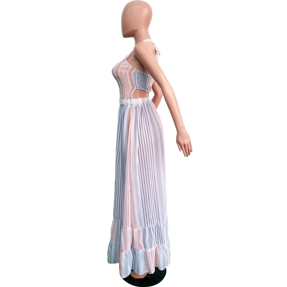 2019 Strand Boho Sexy Vrouwen Halter Mouwloos Open Back Kleurrijke Strepen Ruches Zoom Maxi Jurk Vloer Lengte Geplooide Lange Dresse