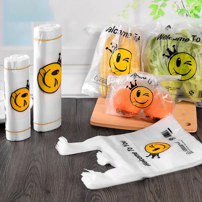 50pcs/pack 9 Sizes Carry Out Bags Smile Gift Bag Retail Supermarket Grocery Shopping Plastic Bags With Handle Food Packaging