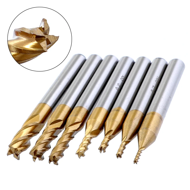 Juego de fresas de titanio HSS, 4 flautas, enrutador CNC, broca recta, molino de extremo Métrico para madera y acero, 1,5-6mm, 7 Uds.