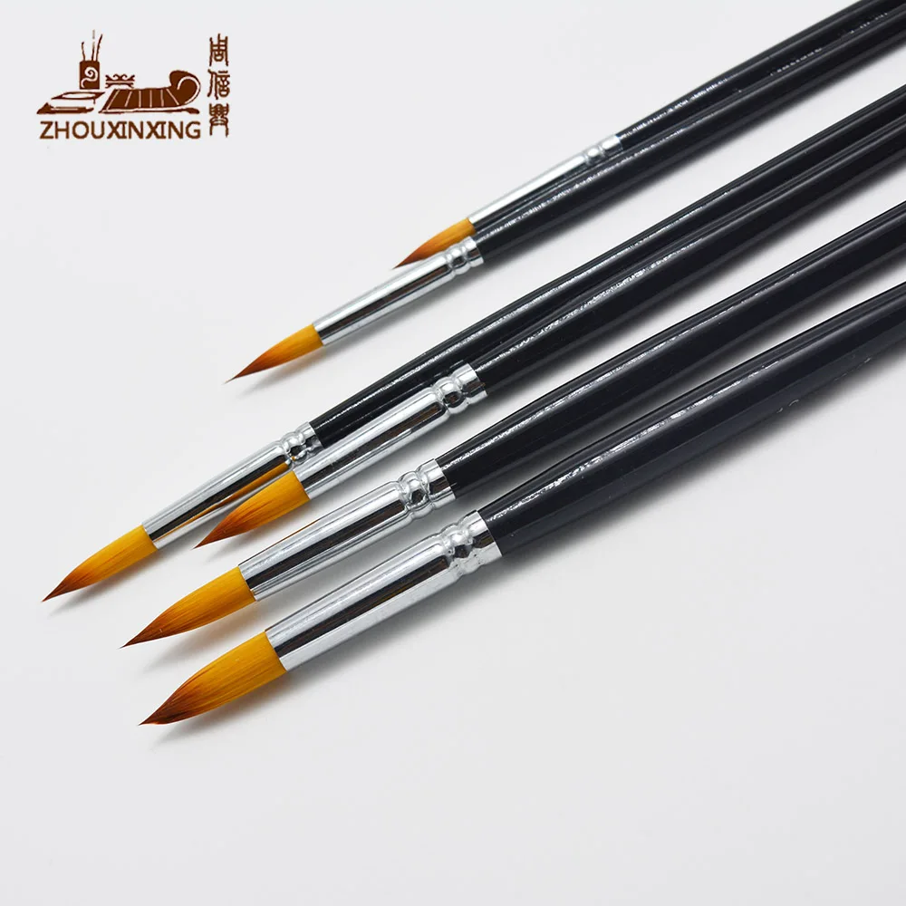 ZHOUXINXING gradual change color round head nylon gouache brush black rods Hanging gold tail watercolor paint brushes 6 pcs set