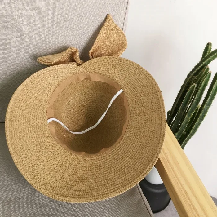 Lady New Bowknot Straw Hat Adult Summer Sunscreen Leisure Cap Wide Brim Students Fresh Raffia Shading Sun Cap Foldable