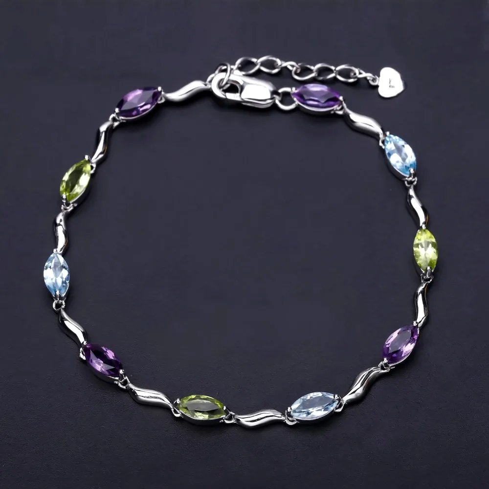 GEM\'S BALLET Sky Blue Topaz Peridot Amethyst Mix Gemstone Bracelets&bangles Pure 925 Sterling Silver Fashion Jewelry For Women