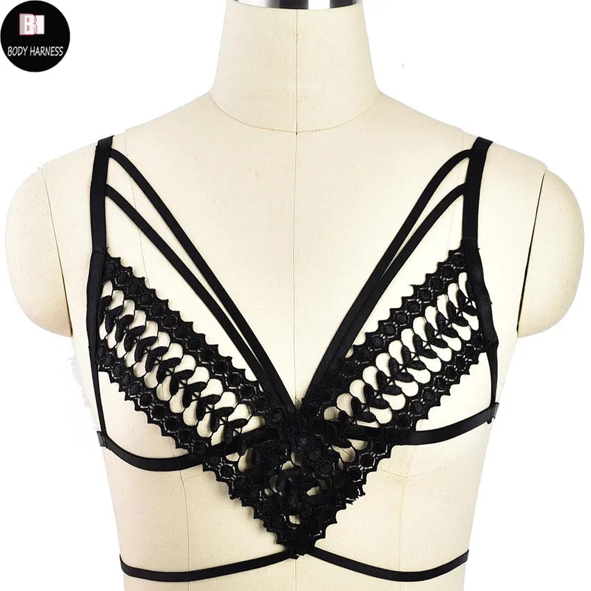 

Women Sexy Lingerie Body Harness Cage Black Lace Crop Tops Cage Bra Gothic Bondage Harness Bustie Pole Dance Elastic Bralette