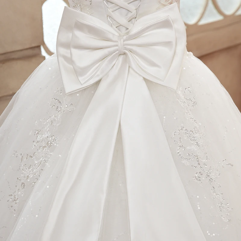 Cheap Wedding Dresses 2018 Good Quality Luxury Princess Lace Embroidery Plus Size Long Train Bow Bridal Married Bridesmaid Dress