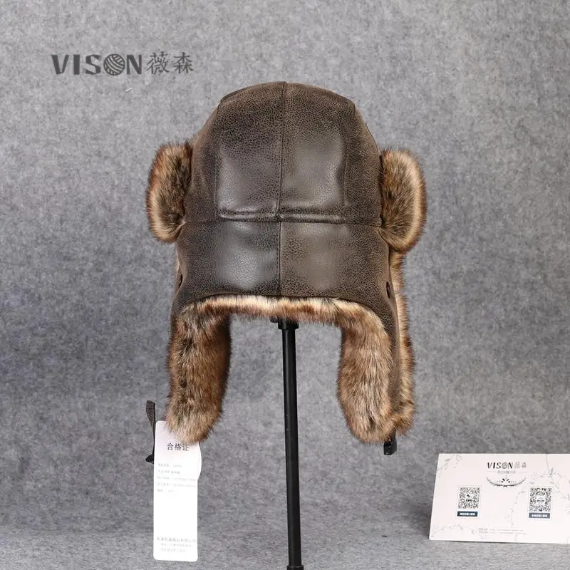 Men Fur Leather Hat for Winter Imitation Leather Fur Hat with Pom Ear Protect Bomber Hats Russian Ushanka Cap Leifeng Hat B-8431