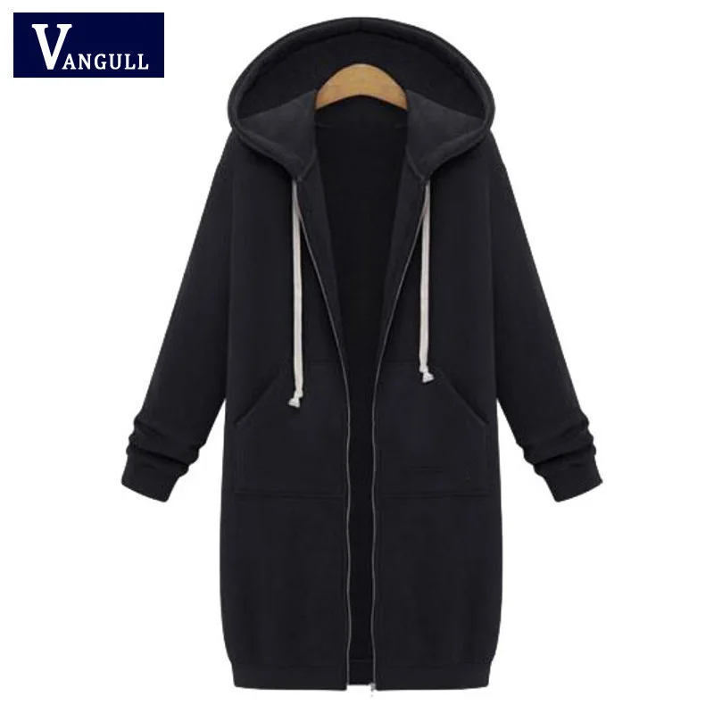 

Vangull Gray Long Hoodies Sweatshirt Women Long Sleeve Loose Coat Female Solid Casual Pocket Zipper Drawstring Ladies Outerwear