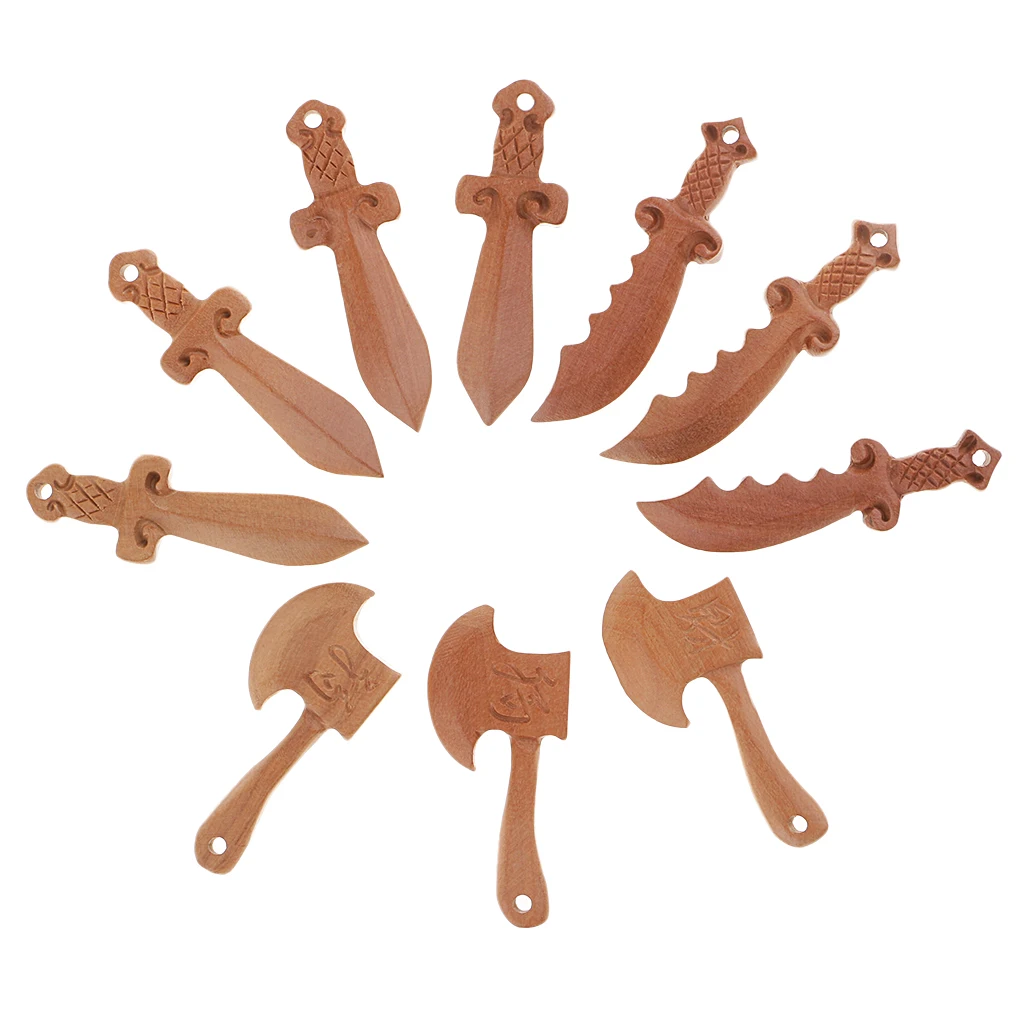 10 Pieces Peach Wooden Carved Crafts Sword Knife Axe Bead Pendants Jewelry Findings DIY Accessory