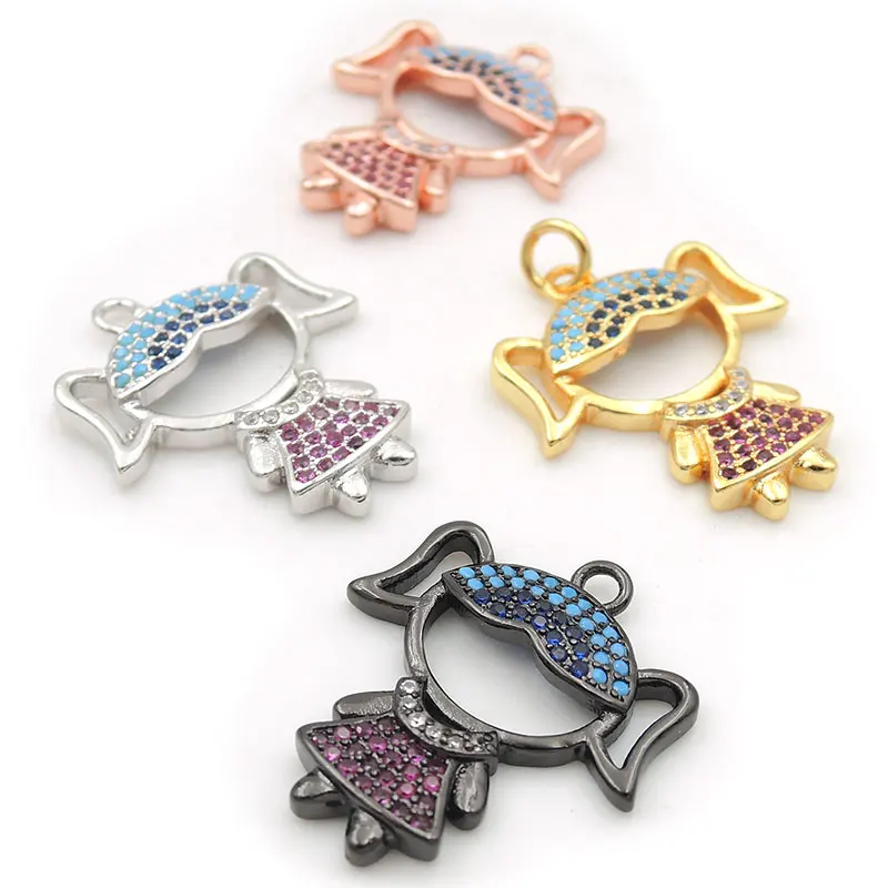 22*20*3mm Micro Pave Kallaite&Blue&Clear&Fuchsin CZ Girl Charm Fit For Men And Women Making Necklaces Jewelry