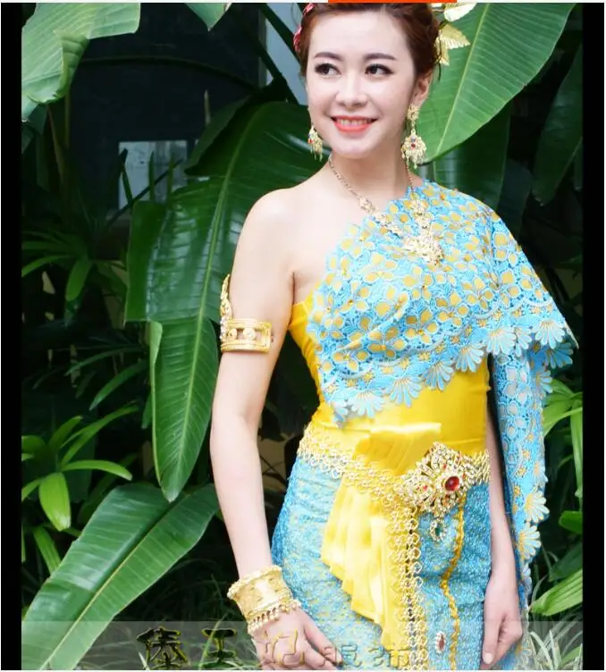 Thailand Traditional Clothing Blue Thai Wedding Dress Lace