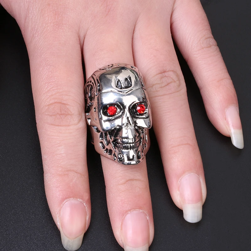 RJ Game Film Terminator Mask Skull Cool Men Rings Retro High Quality Steampunk Biker Skeleton Red Crystal Ring Jewelry