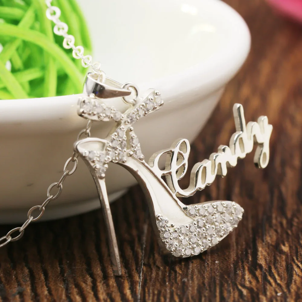 Crystal Decorated High-Heeled Shoes Pendent Necklace Customized Name Solid Silver Women Necklace