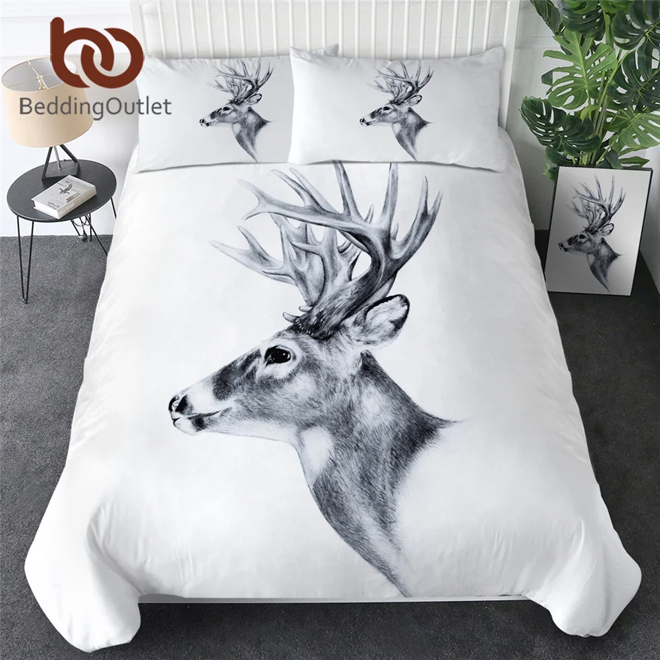 

BeddingOutlet Elk Nordic Bedding Set Queen Moose Duvet Cover Animal Reindeer Bedspread White Bed Set Sketch Art Double Bedding