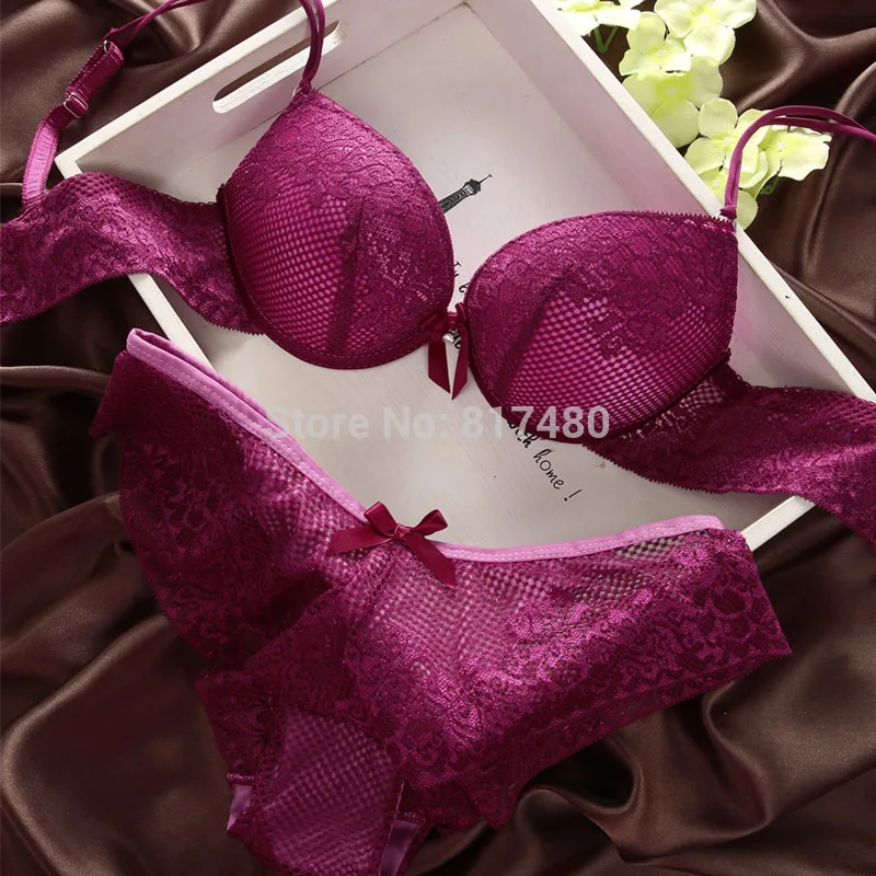 Fashion fashion lace sexy thin deep V-neck push up underwear hot-selling vintage solid color bra set