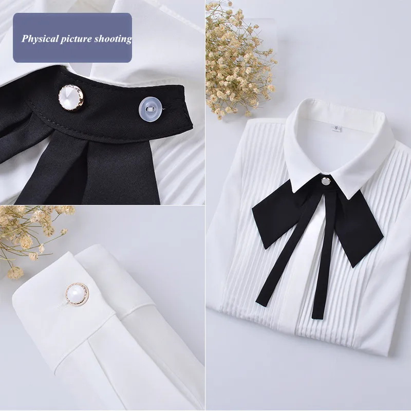 New Spring Elegant Bow Tie Women White Shirt OL Formal Slim Long-Sleeve Chiffon Blouses Office Ladies  Work Wear Tops