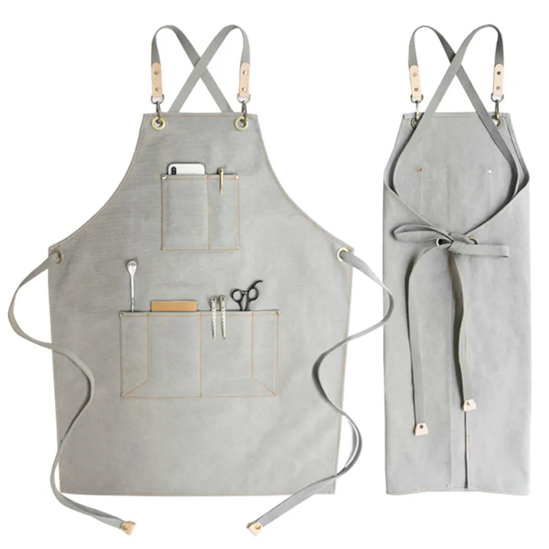 

Gray Khaki Cross-back Canvas Apron Barista Bartender BBQ Chef Catering Uniform Barber Florist Carpenter Painter Workwear K94A