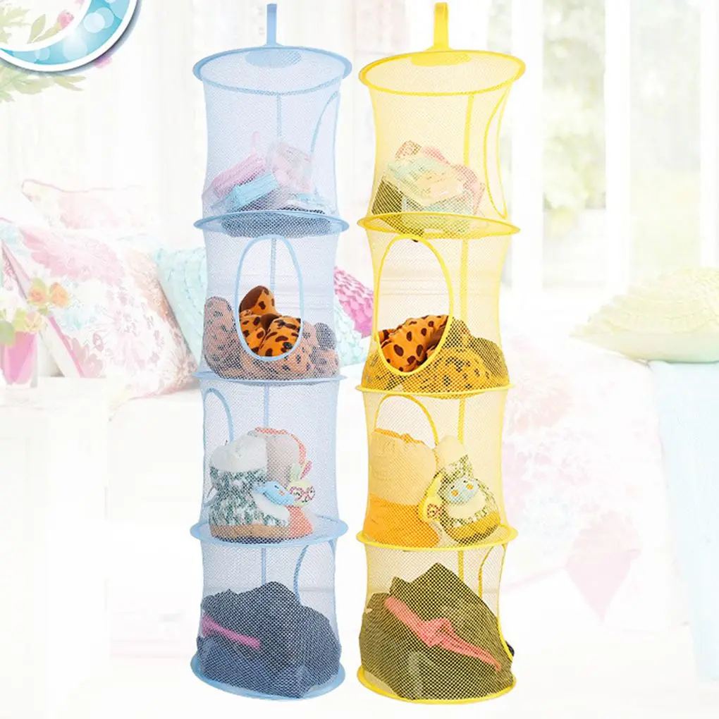 Hanging Mesh Bags Organizer 4 Compartments Multi-layer Folding Laundry Kids Toy Bra Drying Clothes Net Basket  Blue