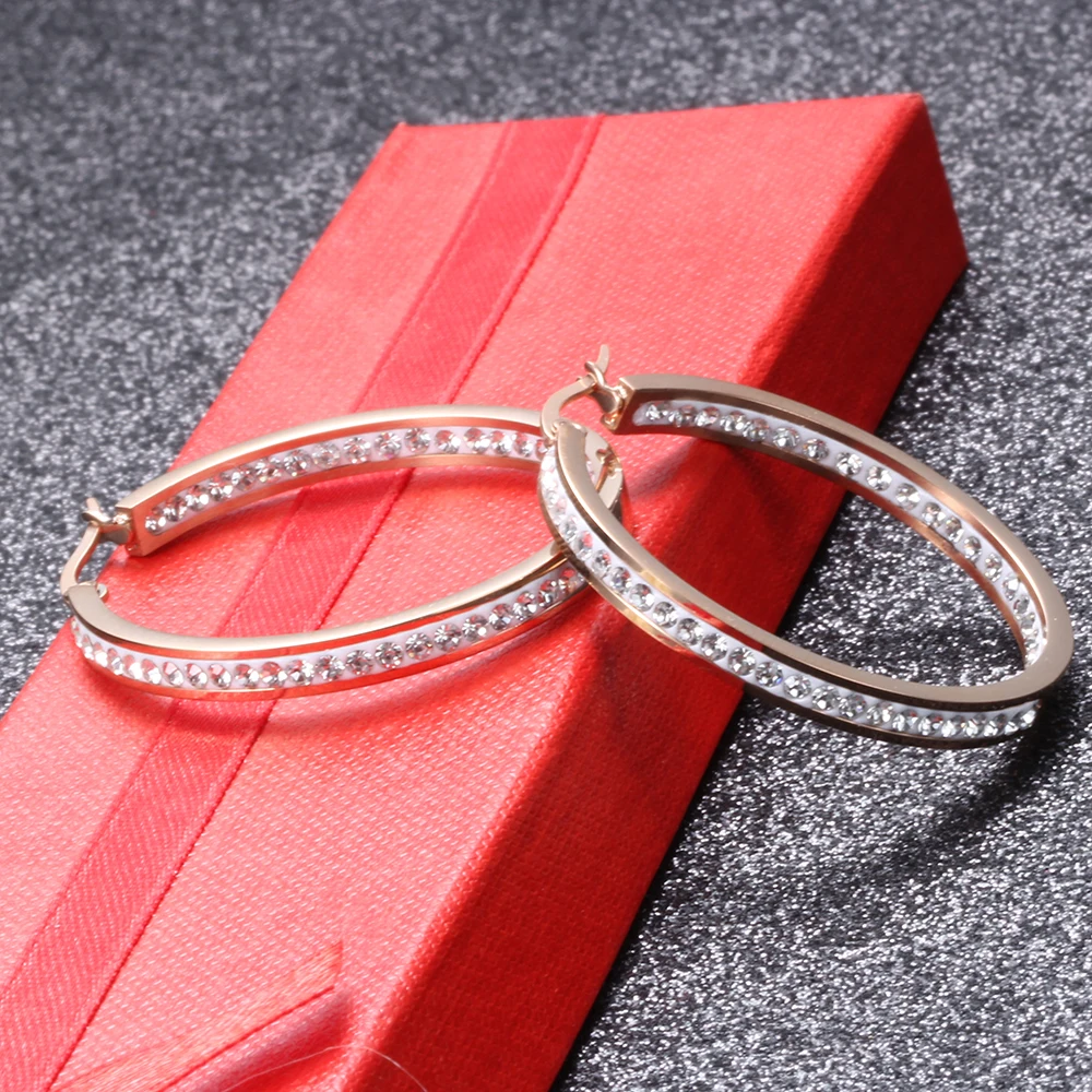 Fashion Crystal Hopp Classic Stainless Steel Rose Gold Color Crystal Hoop Earring for women