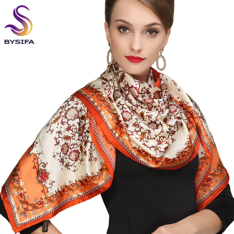 Pure Silk Sscarf  Winter Female Long Wraps Scarves Fashion Luxury Women Scarf Printed 175*52cm Orange Ladies Silk Scarf Bufandas