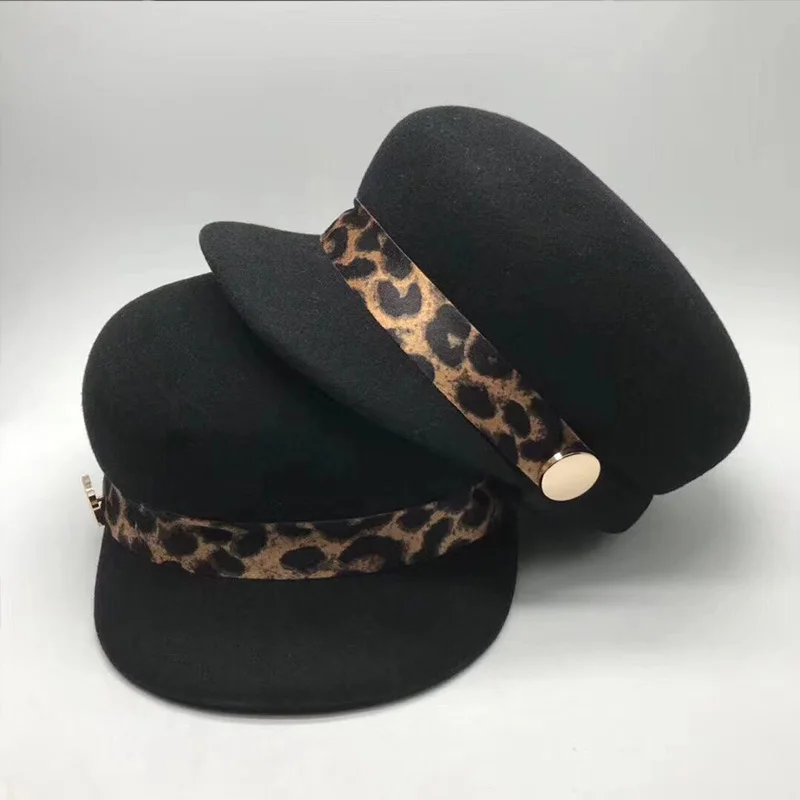 Vintage Style Black Leopard Band Winter Beret Cap 100% Wool Felt Hat Newsboy Cap for Women Warm Visor Hat Cap Ladies Cap