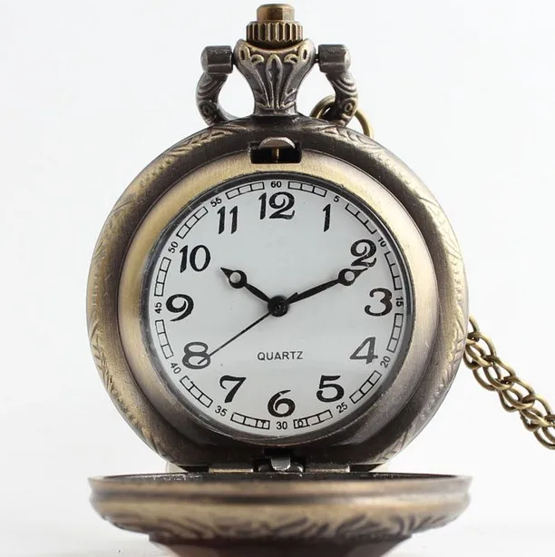 Vintage Bronze Antiques Dark brown glass Modern Hours Quartz Steam Punks Necklace Pocket Watch gift