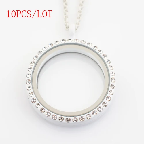 

10PCS/LOT,30mm white round magnetics floating lockets with rhinestones, with free 50-55cm chain FN0023