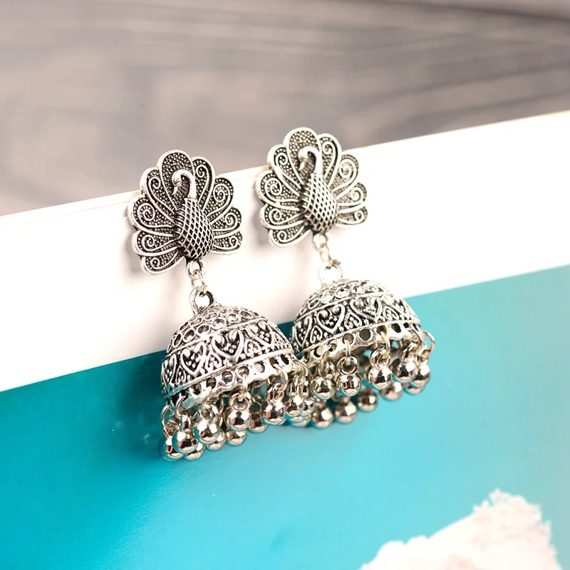 Ethnic Women's Silver Color Peacock Indian Jewelry Gypsy Vintage Ethnic Boho Tribe Tassel Drop Earrings Jhumka Earrings Jewelry