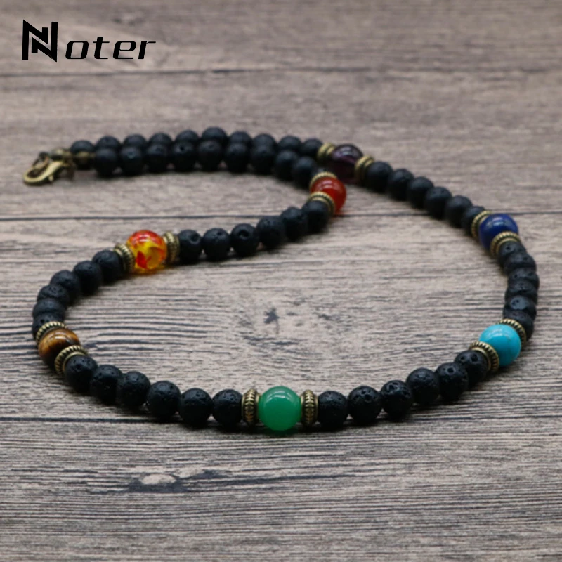 Classic Chakra Necklace Men Natural Lava Stone Collar Tribal Spiritual Colliers Punk Short Choker Erkek Kolye Boyfriend Gift