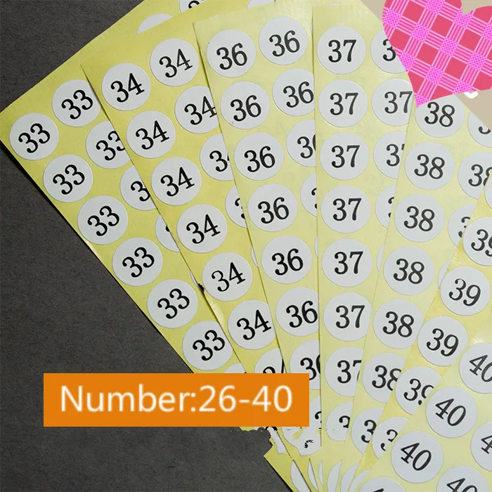 Sticker number 0, 26, 27, 28, 29, 30, 31, 32, 33, 34, 36, 37, 38, 39, 40-60, 5 sheet, Garment size label 1.3cm