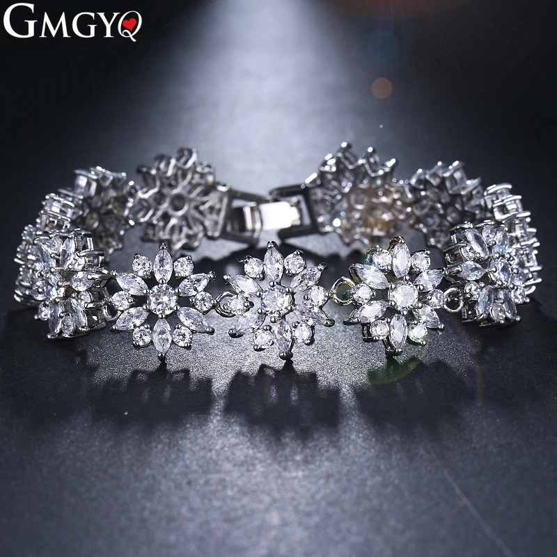 

GMGYQ Fashion Luxury Flower Chain Link Bracelet For Women Ladies Shining Cubic Zircon Crystal Jewelry Gift Accessories