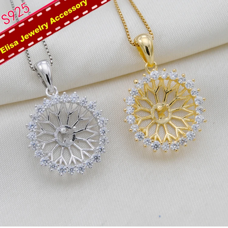 Sunflower Design Pendant Holder S925 Sterling Silver Pearl Pendant Components Silver&Gold Color 3Pieces/Lot