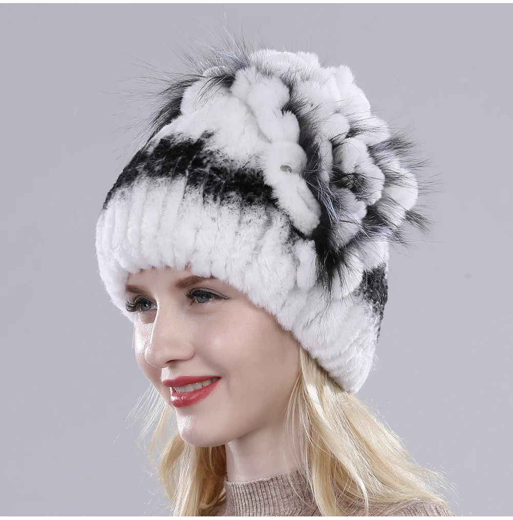 Neue Russische Damen Echt Rex-Kaninchenfell Mützen Luxuriöse Gestrickte Blumen Echte Rex-Kaninchenfell Kappe Winter Echt-Fell Beanie Mütze – Detail 26