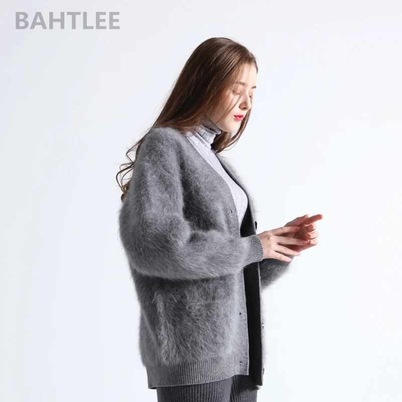 BAHTLEE-Women\'s Knitted Angora Cardigans, V-Neck Sweater, Button Pocket, Very Thick, Keep Warm, Loose Style, Winter