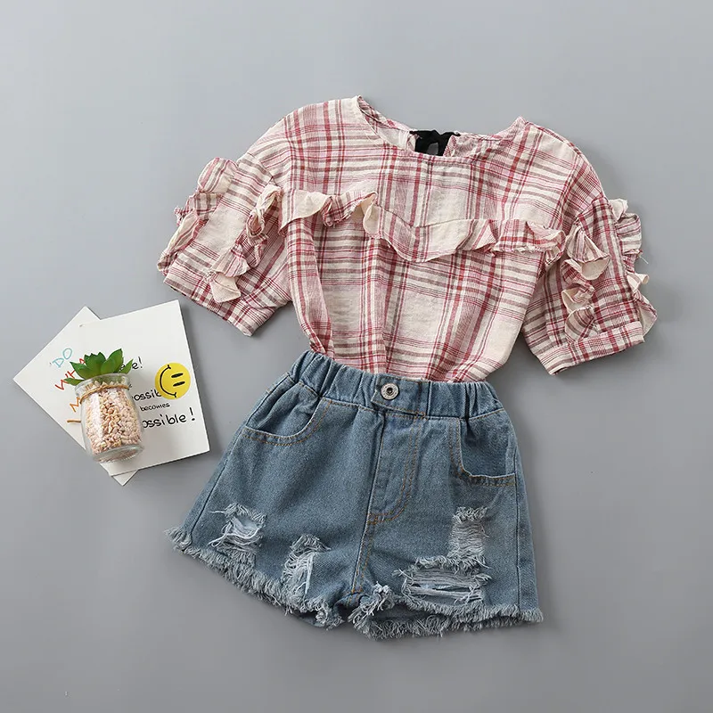 

2-7 years High quality girl clothing sets 2021 new summer casual plaid solid kid children girl clothing shirt+demin pant 2pcs