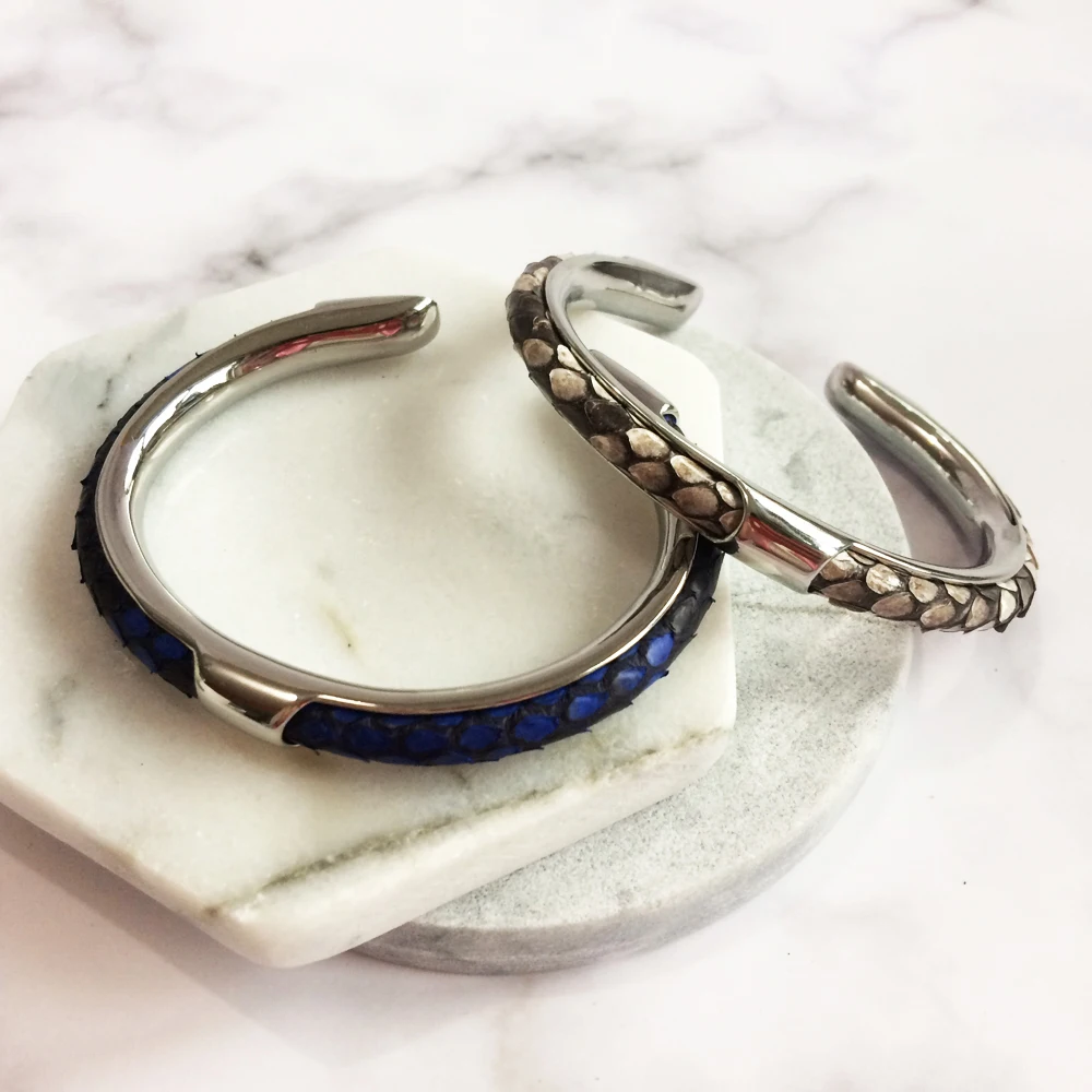 Luxury Blue  Python Skin Leathe Bangle Bracelet C Shape silver-color Stainless Steel & Python Leather Bangles drop shipping