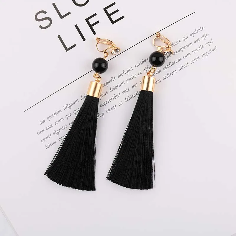 Bohemian Long Statement Tassel Clip On Earrings 9 Color For Female Non Pierced Dangle Trendy Cotton Rope Fringe Clip Ear Gift