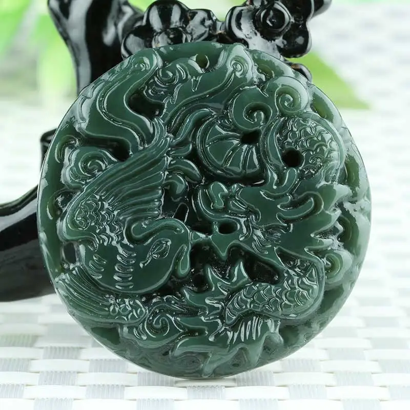 KYSZDL Classic Natural Real HeTian Yu Carved Dragon Phoenix Lucky pendants Amulet Pendant Necklace Fashion Jewelry