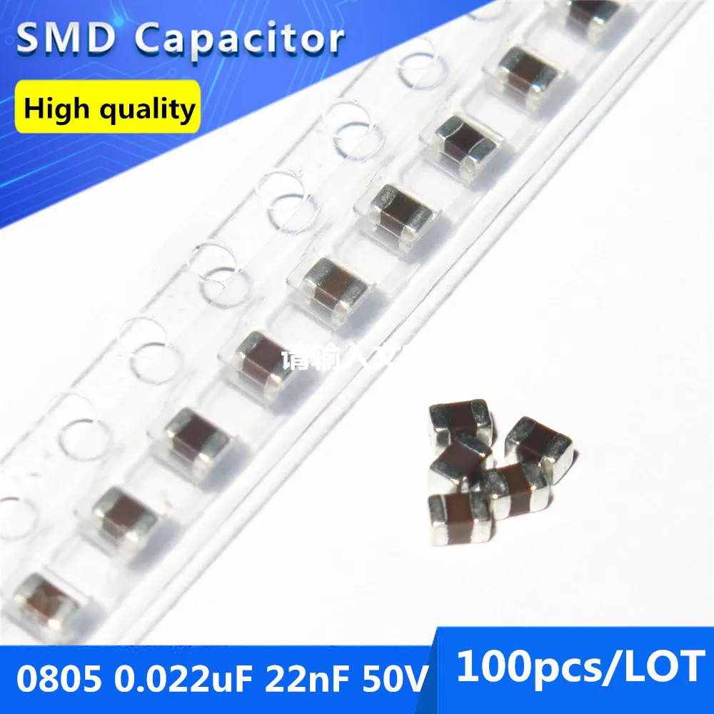 100pcs SMD Thick Film Chip Multilayer Ceramic Capacitor 0805 0.022uF 22nF 50V X7R 10%