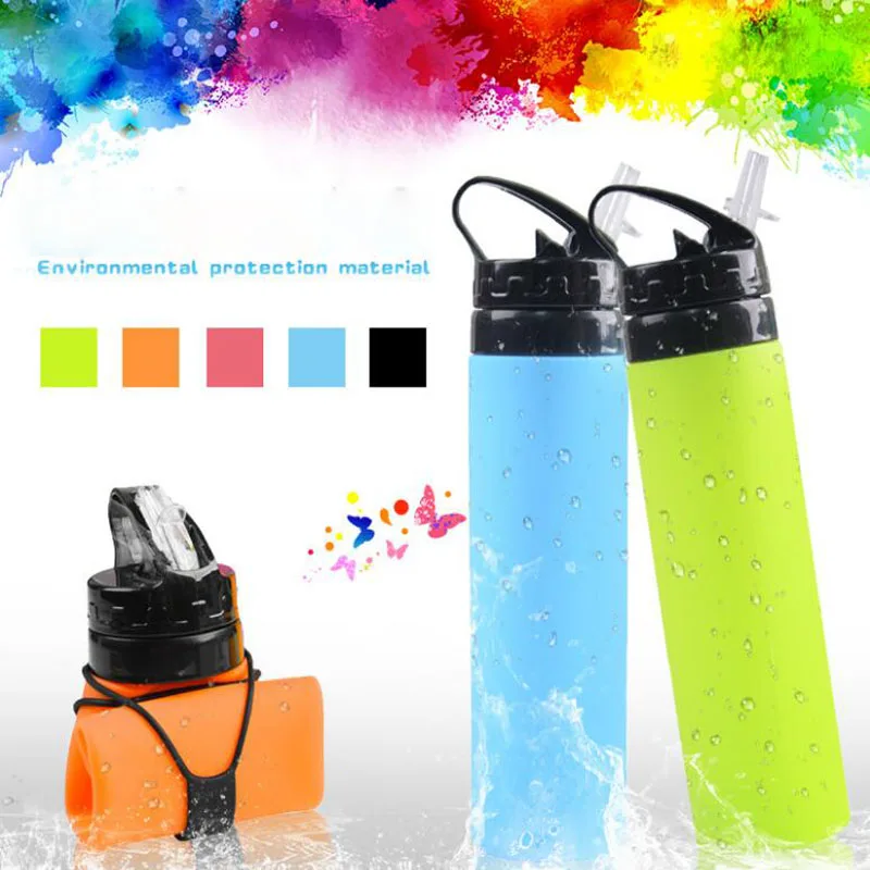 Outdoor Bottles 600ml Eco-Friendly Silicone Travel Sport Flexible Collapsible Water Bottles Foldable Drinkware With Straw Bottle