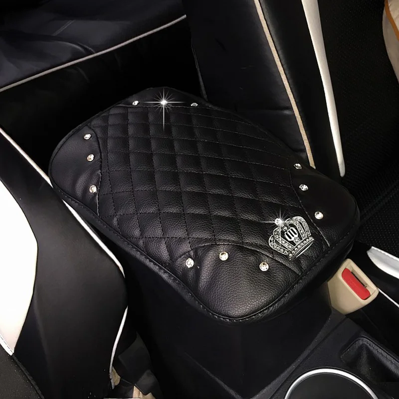 Crown Crystal Plush Car Armrests Cover Pad Universal Center Console Auto Arm Rest Seat Box Cushion Covers Protector Black