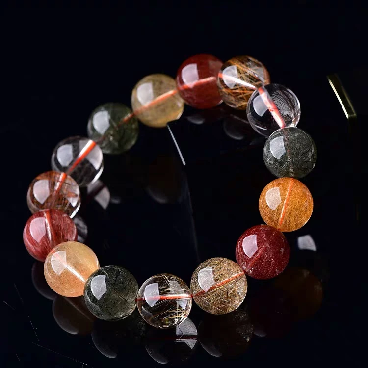 Natural Colorful Rutilated Quartz Round Beads Bracelet Yellow Copper Rutilated 8mm 9mm 10mm 11mm 12mm 13mm 14mm AAAAA