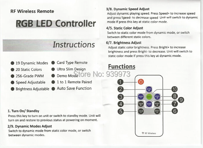 UN2F Mini RF Wireless LED Remote Controller for RGB 5050/3528 LED Lights Strips 12v 3*4A