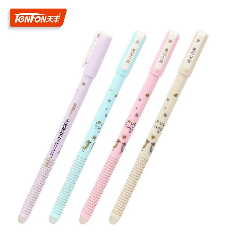 

12 pcs /lot cartoon temperature control signature pen convenient 0.5 mm blue and black erasable gel ink pen escolar material