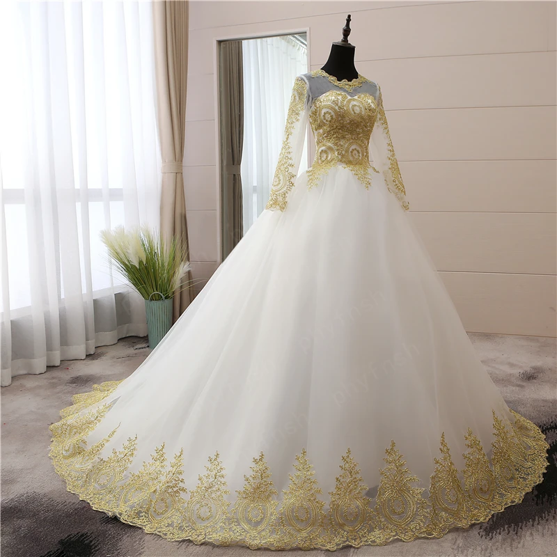 Vestidos de novia musulmanes de manga larga para mujer, vestidos de novia de talla grande 75, con apliques de encaje dorados, bordados, escote Corazón, blanco, azul y rojo