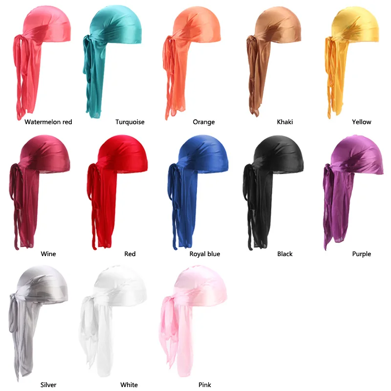 Wholesale Durag silk Long Tail Scarf Cap Men\'s Satin Durags Bandanna Turban Wigs Men Silky Durag Headwear Pirate Hat 13 colors