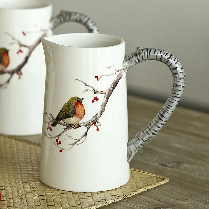 Rural pastoral ceramic tableware painted Robin bird ceramic cold water pot with handle creative home decoration vase