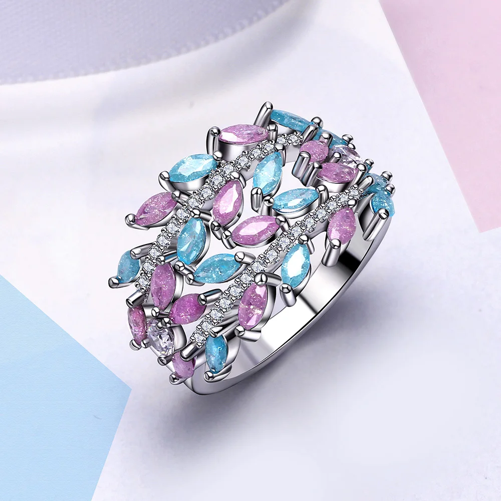 Blue Pink zirconia leaf jewelry Luxury Accessories dropshipping Fashion jewellery women rings New Fancy color ring