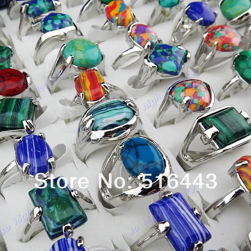 

New Arrival 50pcs Charms Vintage Mix Natural Malachite Stones Turquoise Silver Womens Mens Rings Wholesale Jewelry Lots A-918