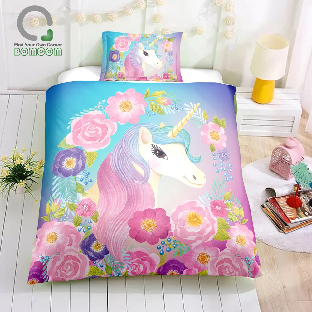 BOMCOM 3D Digital Printing Duvet cover set Watercolor Unicorn Floral Garland Unicorn Rainbow Bedding Set 100% Microfiber Pink